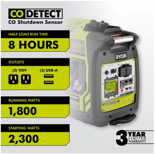 RYOBI 2,300-Watt Recoil Start Bluetooth Super Quiet Gasoline Powered Digital Inverter Generator with CO Shutdown Sensor