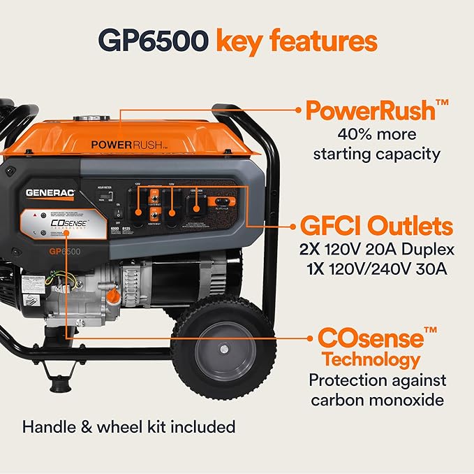 Generac 8125 / 6500-Watt Gasoline Powered Portable Generator with COSense - GP6500