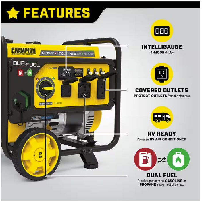 Champion Power Equipment 5300/4250-Watt Gasoline and Propane Powered Dual Fuel Portable Generator with CO Shield